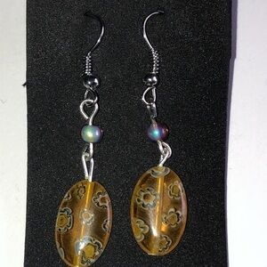 Yellow Floral Beaded Boho Dangling Silver Tone Pierced Earrings